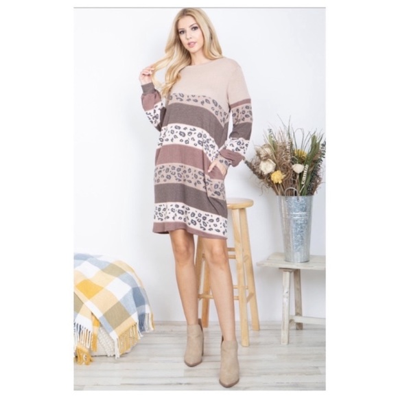 🤎LAST1️⃣🤎New Adorable Color Block Leopard Print Rib Knit Dress - Picture 2 of 8